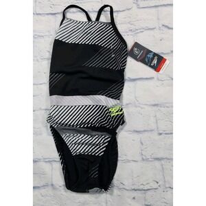 Speedo WOMENS JUNIORS 22 Flash Time Cross back Swimsuit Endurance + Black White